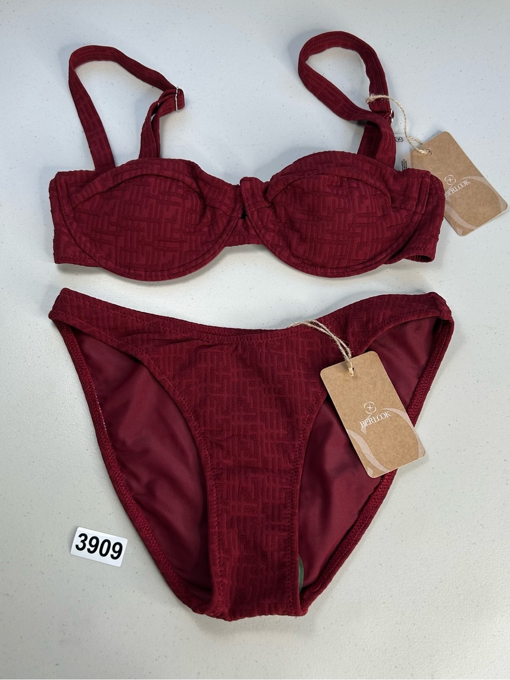 Berlook Bikini Set Small Wine Red Textured Underwire Top High Waisted Bottom New